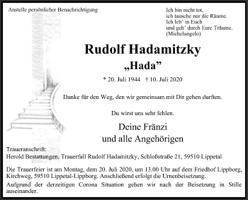 Traueranzeige von Rudolf Hadamitzky von Die Glocke