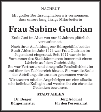 Traueranzeige von Sabine Gudrian von Die Glocke