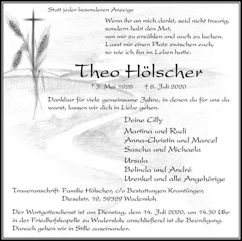  Traueranzeige für Theo Hölscher vom 11.07.2020 aus Die Glocke