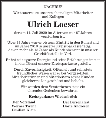 Traueranzeige von Ulrich Loeser von Die Glocke