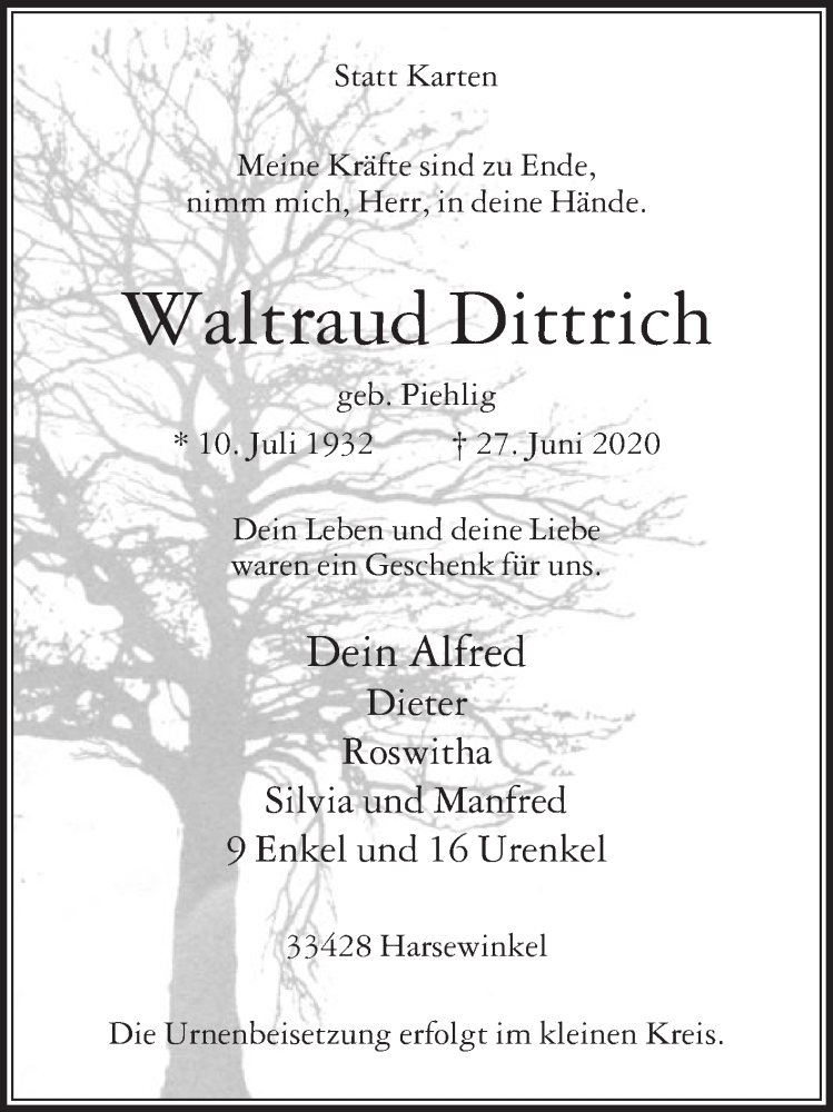  Traueranzeige für Waltraud Dittrich vom 04.07.2020 aus Die Glocke