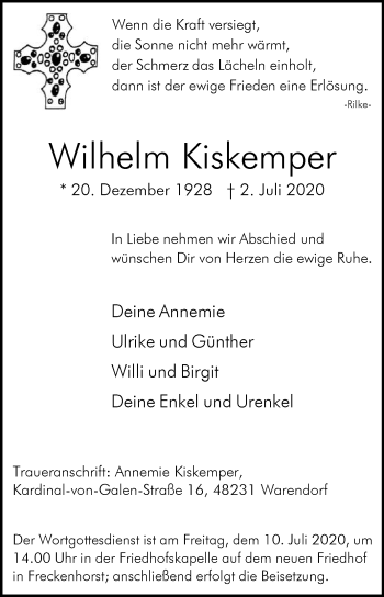 Traueranzeige von Wilhelm Kiskemper von Die Glocke