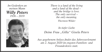 Traueranzeige von Willy Peters von Die Glocke