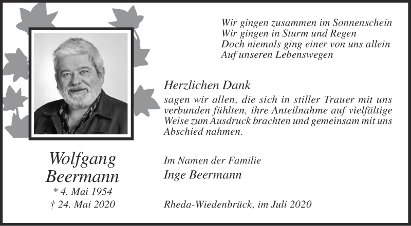  Traueranzeige für Wolfgang Beermann vom 11.07.2020 aus Die Glocke