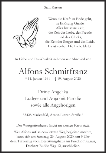 Traueranzeige von Alfons Schmitfranz von Die Glocke