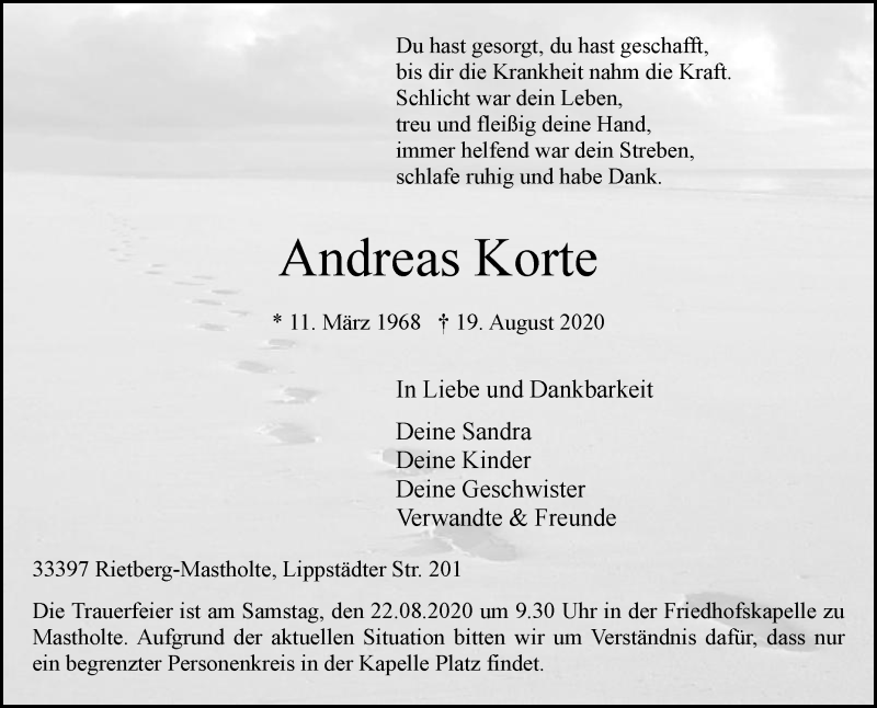  Traueranzeige für Andreas Korte vom 21.08.2020 aus Die Glocke