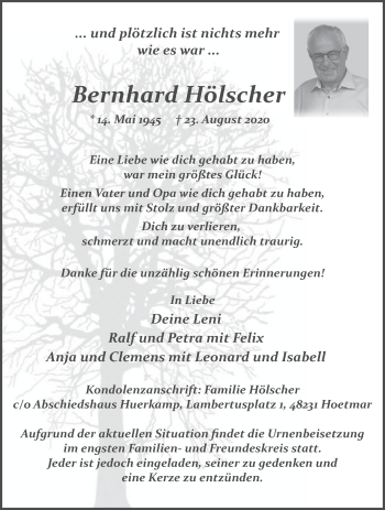 Traueranzeige von Bernhard Hölscher von Die Glocke
