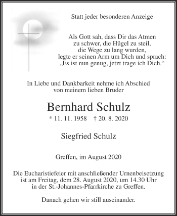 Traueranzeige von Bernhard Schulz von Die Glocke