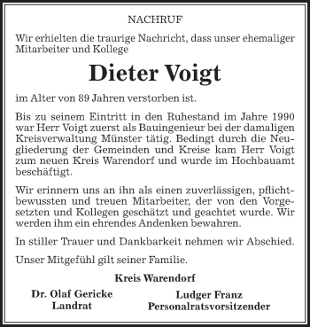 Traueranzeige von Dieter Voigt von Die Glocke