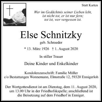 Traueranzeige von Else Schnitzky von Die Glocke