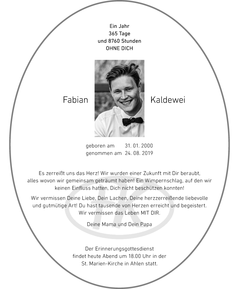  Traueranzeige für Fabian Kaldewei vom 24.08.2020 aus Die Glocke