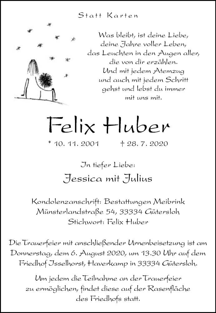  Traueranzeige für Felix Huber vom 01.08.2020 aus Die Glocke