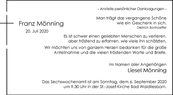 Traueranzeige von Franz Mönning von Die Glocke