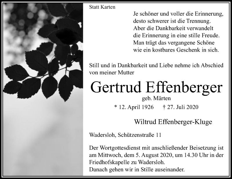  Traueranzeige für Gertrud Effenberger vom 01.08.2020 aus Die Glocke