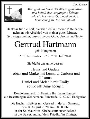 Traueranzeige von Gertrud Hartmann von Die Glocke