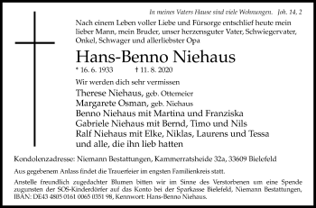 Traueranzeige von Hans-Benno Niehaus von Die Glocke