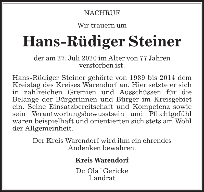 Traueranzeige für Hans-Rüdiger Steiner vom 08.08.2020 aus Die Glocke