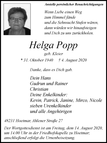 Traueranzeige von Helga Popp von Die Glocke