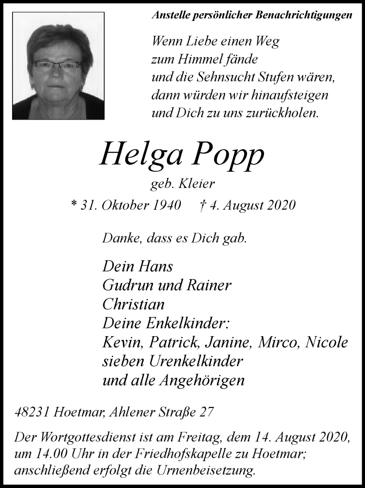  Traueranzeige für Helga Popp vom 08.08.2020 aus Die Glocke