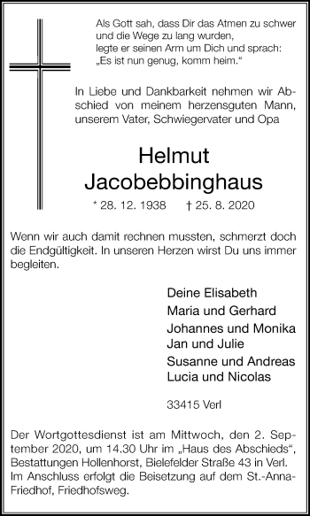 Traueranzeige von Helmut Jacobebbinghaus von Die Glocke