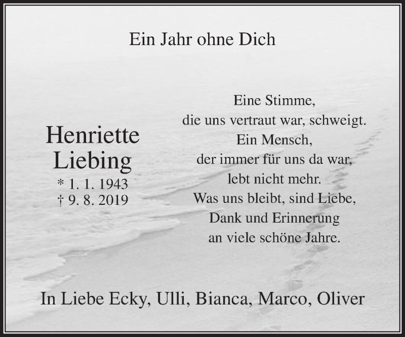  Traueranzeige für Henriette Liebing vom 08.08.2020 aus Die Glocke