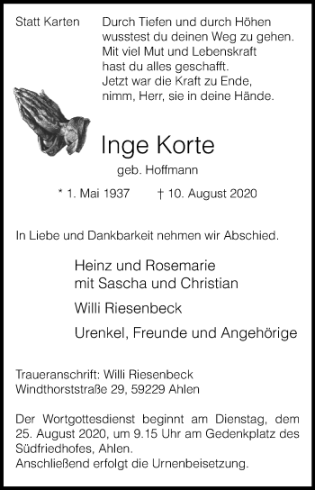Traueranzeige von Inge Korte von Die Glocke