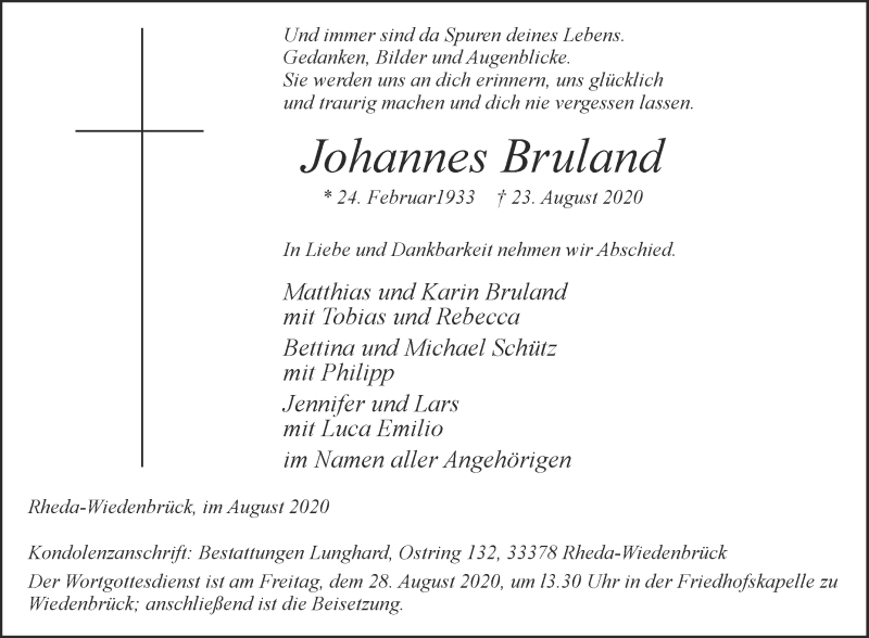  Traueranzeige für Johannes Bruland vom 26.08.2020 aus Die Glocke