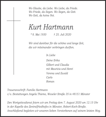 Traueranzeige von Kurt Hartmann von Die Glocke