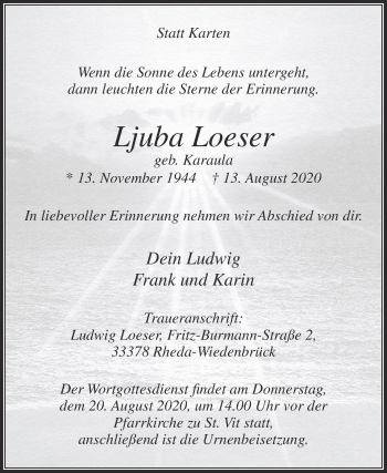 Traueranzeige von Ljuba Loeser von Die Glocke