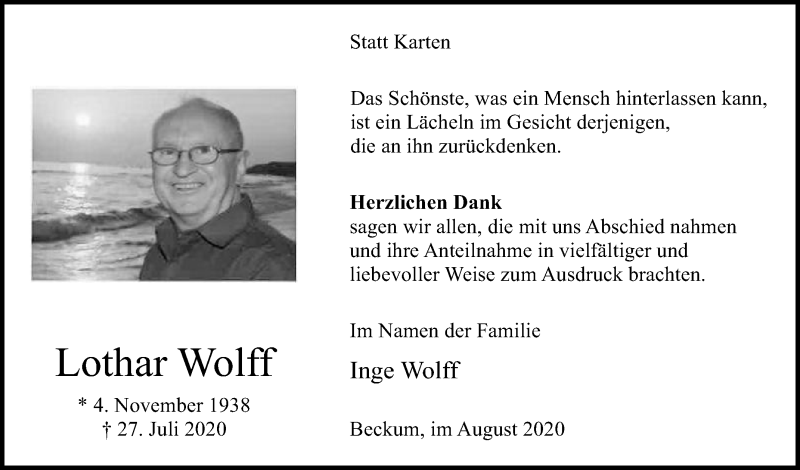  Traueranzeige für Lothar Wolff vom 22.08.2020 aus Die Glocke