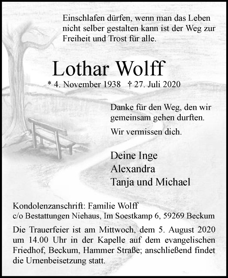  Traueranzeige für Lothar Wolff vom 01.08.2020 aus Die Glocke