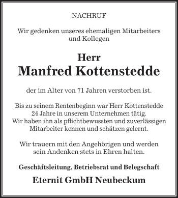 Traueranzeige von Manfred Kottenstedde von Die Glocke