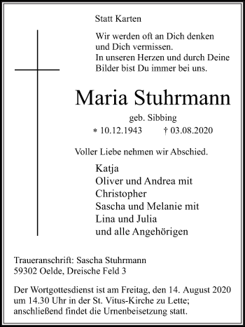 Traueranzeige von Maria Stuhrmann von Die Glocke