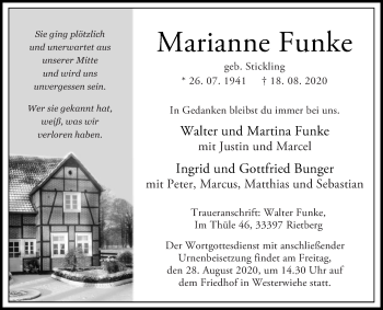 Traueranzeige von Marianne Funke von Die Glocke