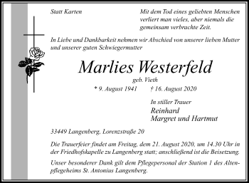 Traueranzeige von Marlies Westerfeld von Die Glocke