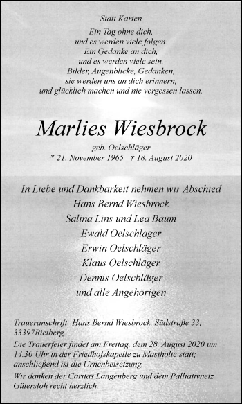 Traueranzeige von Marlies Wiesbrock von Die Glocke