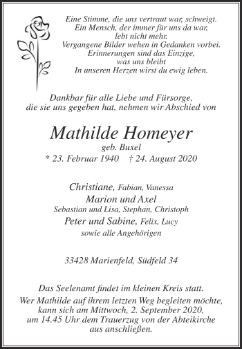 Traueranzeige von Mathilde Homeyer von Die Glocke