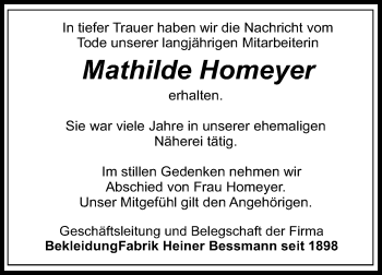 Traueranzeige von Mathilde Homeyer von Die Glocke