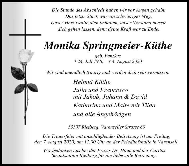  Traueranzeige für Monika Springmeier-Küthe vom 05.08.2020 aus Die Glocke