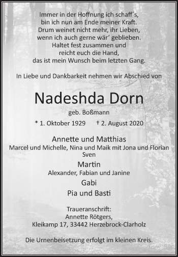 Traueranzeige von Nadeshda Dorn von Die Glocke