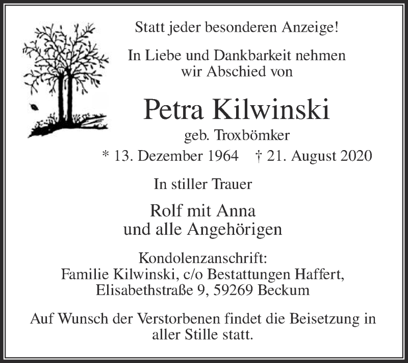  Traueranzeige für Petra Kilwinski vom 29.08.2020 aus Die Glocke