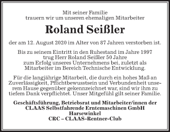 Traueranzeige von Roland Seißler von Die Glocke