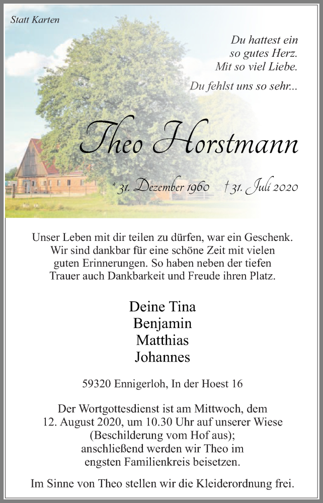  Traueranzeige für Theo Horstmann vom 08.08.2020 aus Die Glocke