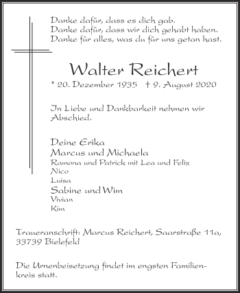 Traueranzeige von Walter Reichert von Die Glocke