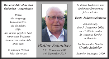 Traueranzeige von Walter Schnitker von Die Glocke