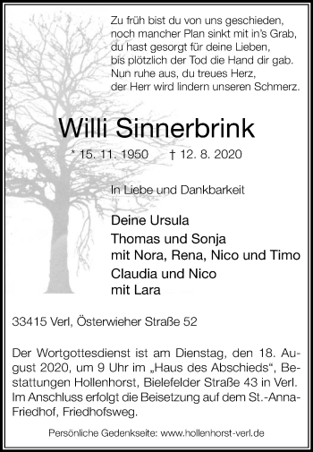 Traueranzeige von Willi Sinnerbrink von Die Glocke