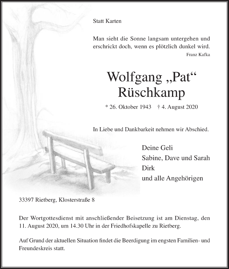  Traueranzeige für Wolfgang Rüschkamp vom 08.08.2020 aus Die Glocke