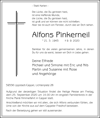 Traueranzeige von Alfons Pinkerneil von Die Glocke