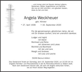 Traueranzeige von Angela Weckheuer von Die Glocke