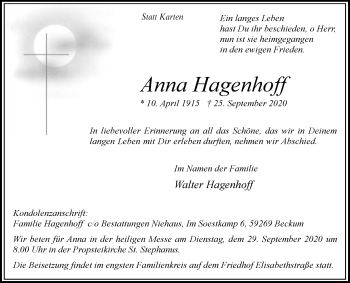 Traueranzeige von Anna Hagenhoff von Die Glocke